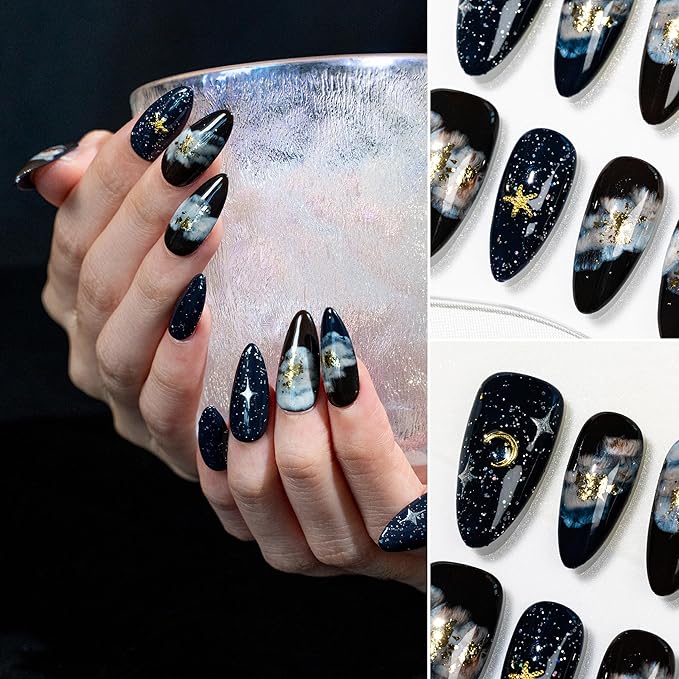 Sun&Beam Nails Handmade Press-on Medium Long Almond Black Pink Ombre Hand-Painted Elegant Design Fashion False Nail Tips 10 Pcs Set (#274 M)