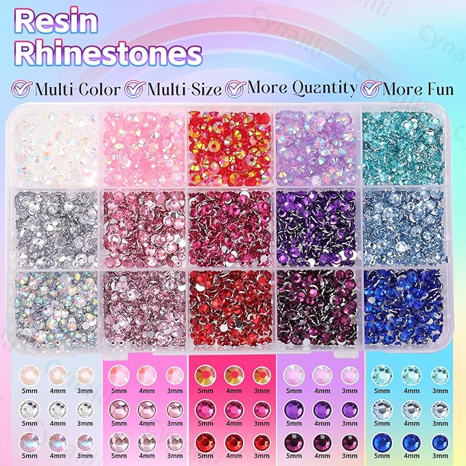 15 Grids Resin Rhinestones for Crafting, Pink White Blue Purple Red Colors Bedazzling Gems Kit, Jelly Resin Rhinestones for Nails Face Eyes Makeup Crafts Tumblers Bottles
