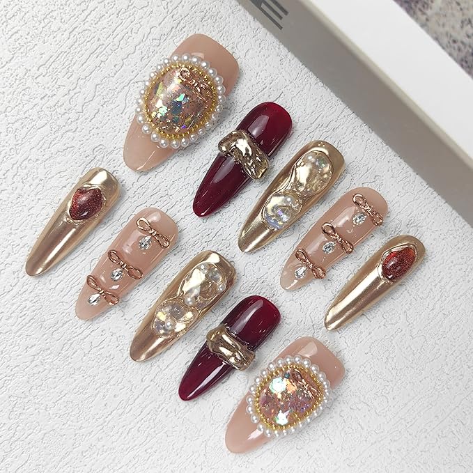 2025 Baroque Glam Chic Mixed Metal Reusable Handmade PMMA Acrylic Press on Nails w/Box Gifts for Women (Noble Whisper, M)