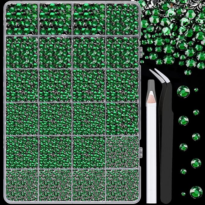 25000Pcs Resin Rhinestones for Crafting, Emerald Green 2-6mm Mixed Sizes Non Hotfix Flatback Gems, Bedazzling Crystal for DIY Crafts Clothing Tumblers Mugs Shoes Fabric Nail Art