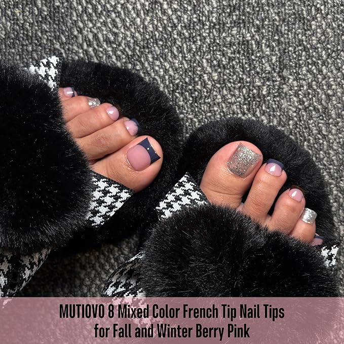 8 MIXED WINTER COLOR French Tip Toe Nail Tips Press on, BERRY PINK Sharp Square Medium Wide Fake Toenails, Full Cover Acrylic,Builder Gel & Top Coat,Need Nail Glue,for DIY x 15 Sizes 240 pcs