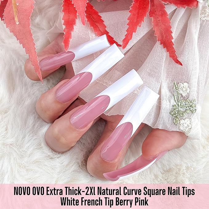 NOVO OVO Halloween XXL Sharp Square Slight Curved Nail Tips French Tip BERRY PINK, Full Cover Press on Acrylic, Extra Thick Soft Gel False Nail, NEED Builder Gel Top Coat Glue x 15 Sizes 150 pcs