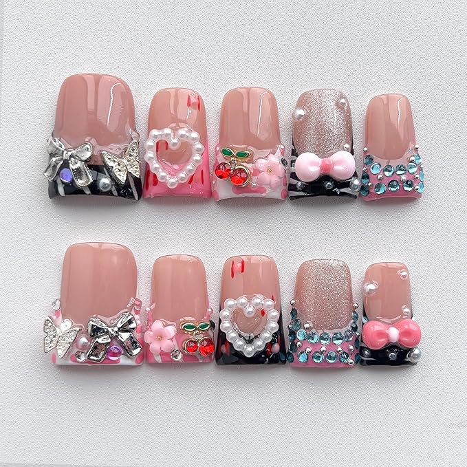 French Tip Press on Nails Handmade Short Duck 3D Flower Thick Acrylic Nails Cute False Nails with Bow Cherry Rhinestones Pearls Designs Glossy Fake Nail Sturdy Art Press on Nail 10Pcs(S)