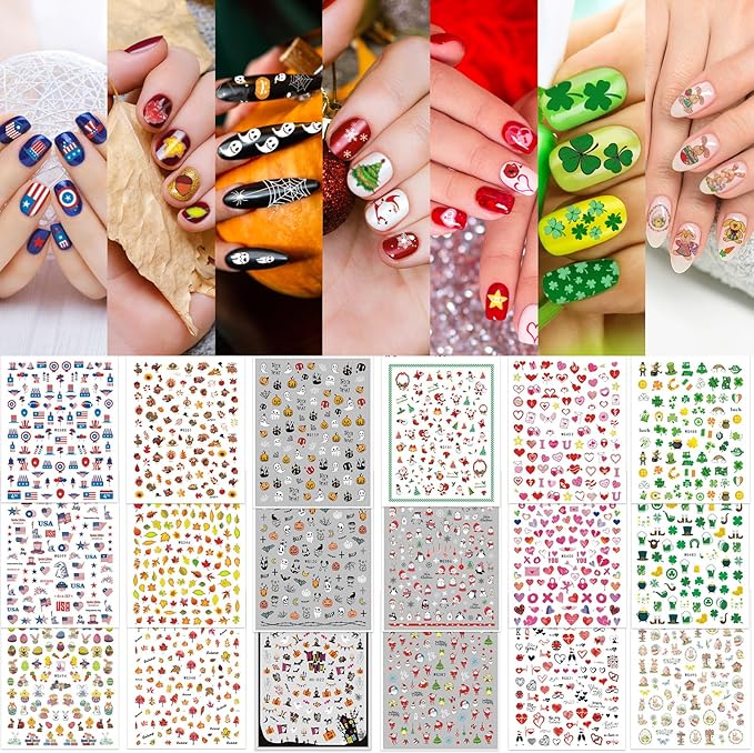 Whaline 18 Sheets All Season Nail Art Stickers Easter St Patricks All Holiday Valentine Day Fall Halloween Winter Christmas 4th of July Self-Adhesive Nail Decals for DIY Manicure Party Decor