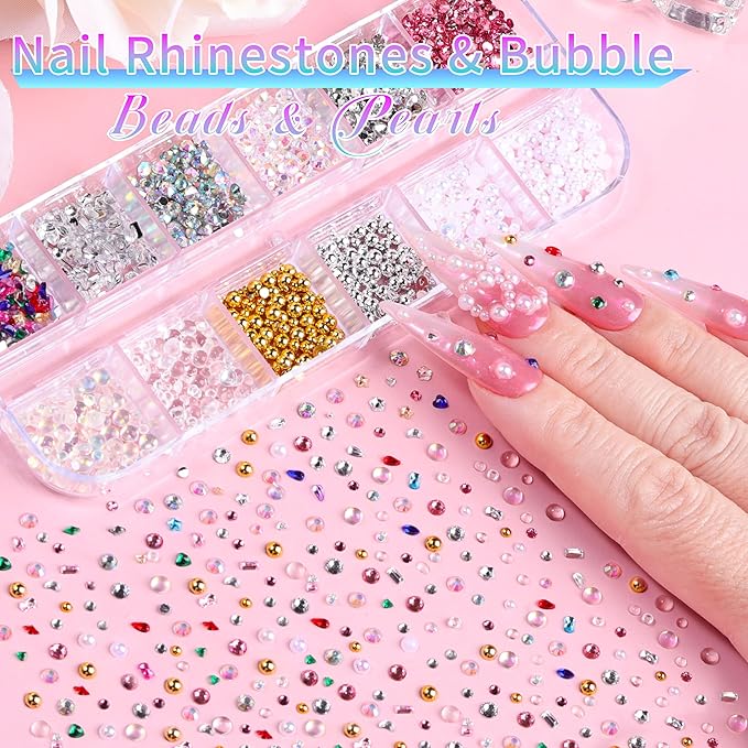 5 Boxes Gold & Silver Metal Nail 3D Punk Studs Flower Petals Heart Bows Star Pearls Rhinestones Nail Charms Nail Art Jewels with Tweezers and Nail Brush and Wax Pen Picker (10-multishapes charms)