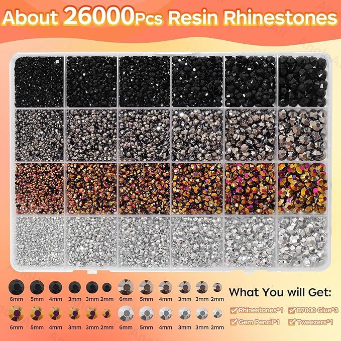 26000PCS Black Gold Silver Resin Flatback Rhinestones for Crafting, Gold Silver Black Resin Rhinestones for Bedazzling Kit, 2/3/4/5/6mm Flatback Gems Jewels for DIY Mugs Tumblers Clothing Shoes