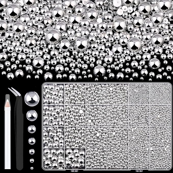 13000Pcs Flatback Pearls for Crafting (Silver), Assorted Size 2/3/4/5/6/8/10mm Non Hotfix Half Pearl, Bedazzling Bead for DIY Crafts Clothing Tumblers Mugs Shoes Fabric Embellishment Nail Art Makeup