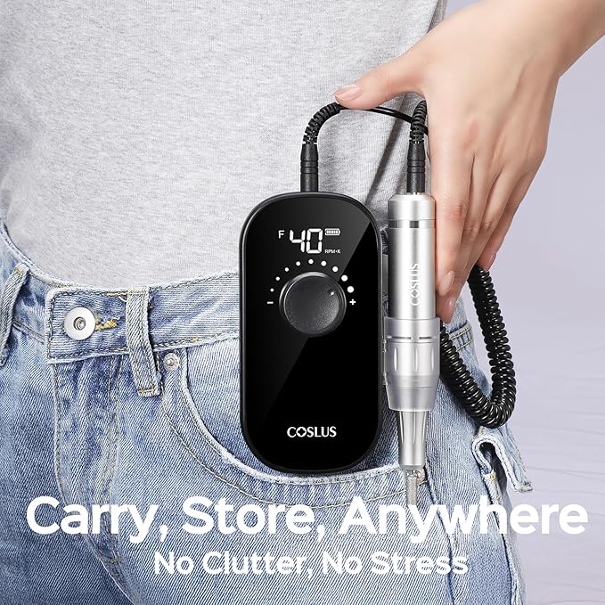 COSLUS Professional Rechargeable Electric Nail Drill 40000 RPM, Portable Nail File with Storage Stand for Acrylic Gel Polishing Removing - Easy to Use for Women, Manicure at Home DIY or Salon, Black