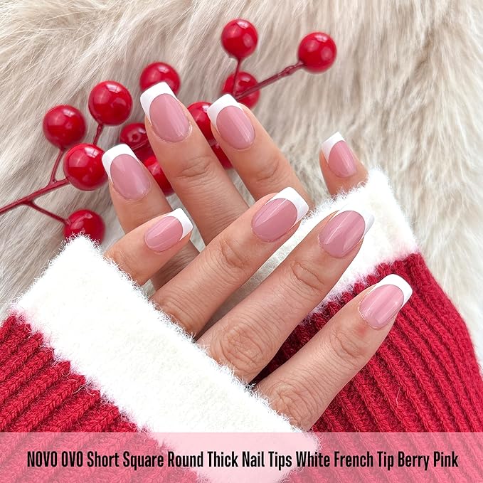 NOVO OVO Short Square Round White French Tip Nail Tips Press on BERRY PINK, Extra Thick Full Cover False Fake Nails, Need Builder Gel Top Coat & Glue, for Salon DIY Acrylic Extension x15 Sizes 240 pcs