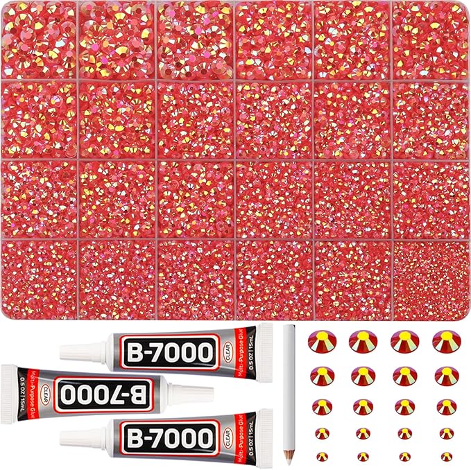 31000Pcs Red AB Resin Rhinestones for Bedazzling, 2-6mm Mixed Sizes Rhinestones, Bedazzled Flatback Gems Crystals Jewels Diamonds Gemstones Stones with Glue for Crafting Clothes Crafts