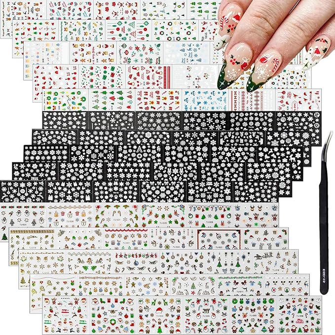 90 Sheets Christmas Nail Stickers 3D Self Adhesive Winter Xmas Nail Decals Santa Claus Christmas Tree Snowflake Nail Art Stickers Decals Cute Christmas Nail Art Supplies for Women Manicure Decorations