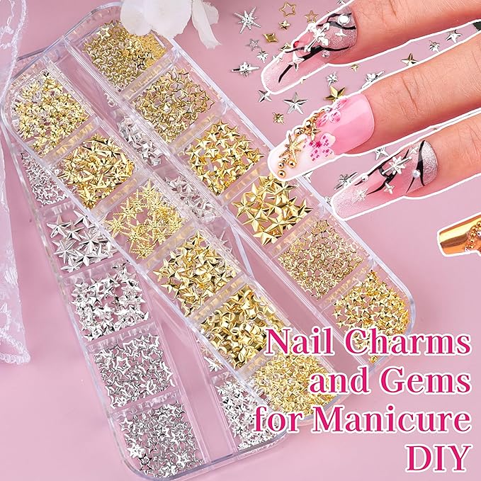 6 Boxes 3D Metal Nail Art Charms, Gold Silver Black Star Cross Nail Studs Metallic Caviar Beads for Nails Design Y2K Charms Punk Nail Chains Nail Decorations with Tweezers for DIY Manicure Supplies