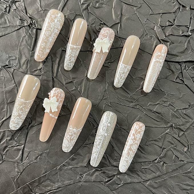 Press on Nails Handmade Nails 10Pcs Fresh Style Hand White Manual Press on Nails for Women Party Holiday Photo 33mm Long Size S