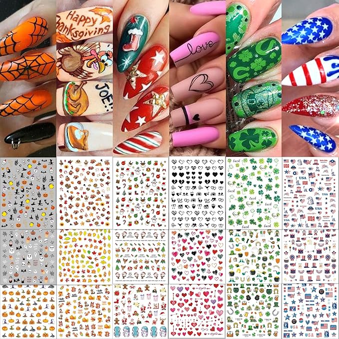 TailaiMei 30 Sheet All Holidays Nail Art Stickers, Christmas Mixed Seasons Variety Pack for Valentine's Day Halloween Fall Nail Decals, Self-Adhesive Year-Round Thanksgiving Nail Decorations