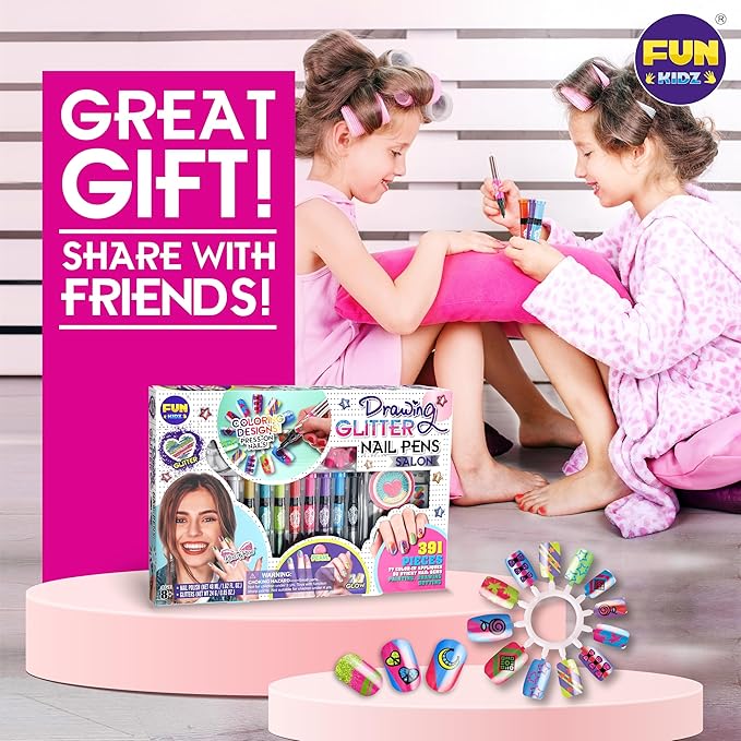 Kids Nail Kit for Girls Ages 7-12, FunKidz Ultimate 315Pcs Nail Polish Pens Combo Pack Size 17.91Wx12.4L Glitter Temporary Nail Supplies for Teens SPA Makeup Kit