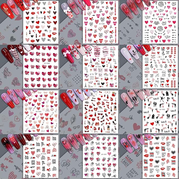 12 Sheets Valentine's Day Nail Sticker for Nails Art 3D Embossed Self-Adhesive Pink Red Love Heart Lips Valentine's Day Nail Decal Design Supplies for Women DIY Manicure Art Decoration YX1241