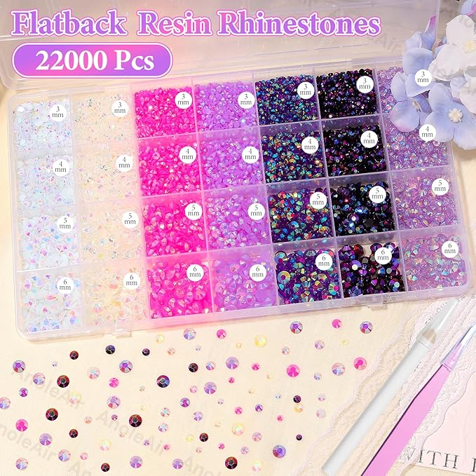 22000Pcs Pink Purple Rhinestones for Bedazzling, Jelly Resin Gem Rhinestones3-5mm, Purple Gems Bedazzling Kit for Crafting, Flatback Color Gems for Nails Face Makeup Tumblers