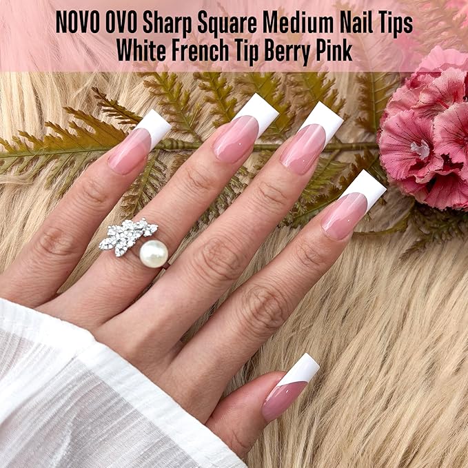 NOVO OVO Medium Sharp Square White French Tip Nail Tips Press on BERRY PINK, Extra Thick NEED Builder Glue Gel & Top Coat, Soft Gel Full Cover False Fake Nail Extension for Salon DIY x 15 Sizes 180 pc