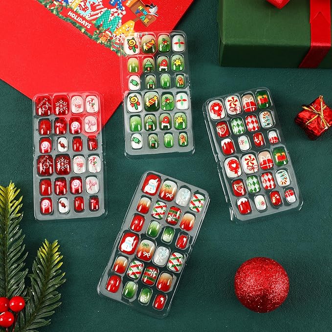 JANYUN 96 Pcs Christmas Candy Fake Nails, Press on Nails Pre-glue Full Cover Fake Nail Tips Short False Nails Art Nails Gifts