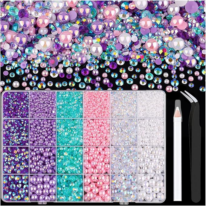 14000PCS Flatback Pearls and Rhinestones for Bedazzling Kit, Pink Purple Mixed Size 3-10mm Resin Rhinestones Gems and Half Pearls for Crafting, Nail Art Crafts Decoration
