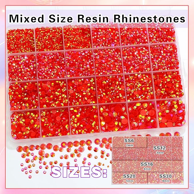 RODAKY Resin Jelly Rhinestones for Crafting Bedazzling,2-6MM Rhinestones for Nails Art,Red AB Nail Rhinestone and Gems,Nail Diamond Flatback Gems Crystals Charms for Nail Design DIY Makeup