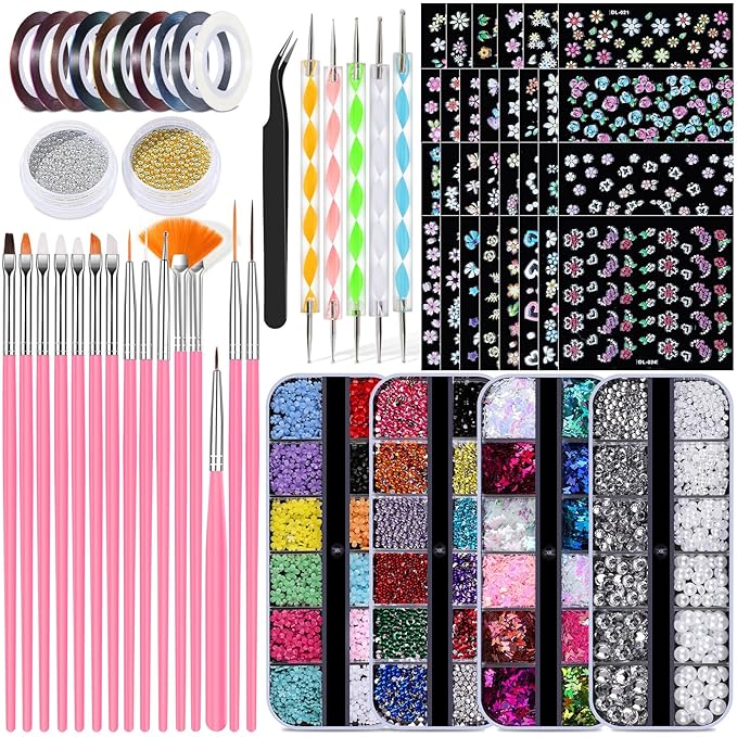 20 Nail Art Brushes Kit with Striping Tapes, Rhinestones, Pearls, Butterfly Sequins, Flower Charms & Stickers for Nails DIY Manicure Gifts (Pink)