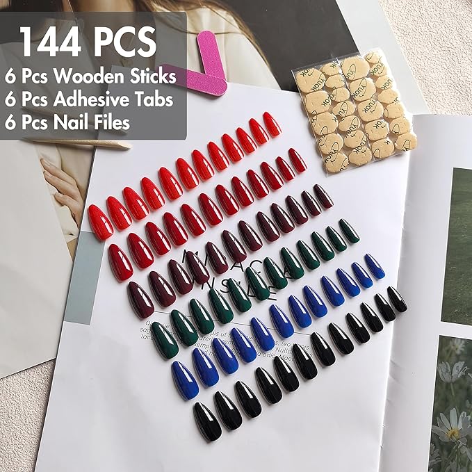 6 Packs Press On Nails Almond, KQueenest Acrylic Press On Nails Medium, Stiletto Fake Nails Press Ons, Dark Color Glue On Nails Medium for Women Daily Wear Gift 144 Pcs