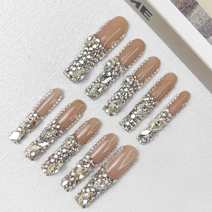 2025 New PMMA Acrylic Press on Nails Stunning Bling Nails, Gemstone Fake Nails, Glitter Gemstone Nails, Gradient Pink Fake Nails (Gemstone, L)