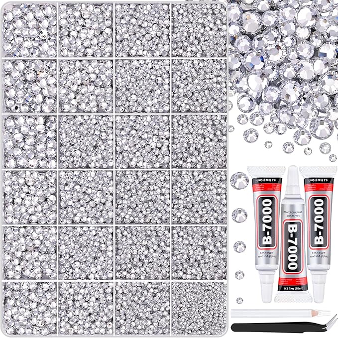 30000Pcs Clear Rhinestones for Bedazzling with B7000 Jewelry Glue, Bedazzler Kit Bulk Flatback Gems, Resin Rhinestones for Crafting Crafts Clothing Shoes Fabric Nail Art Assorted Size 2/3/4/5/6mm