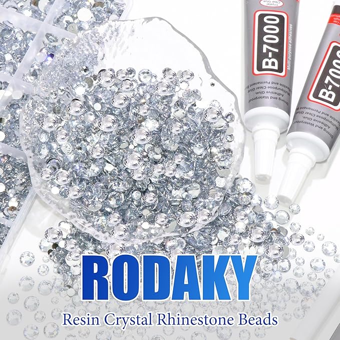 RODAKY Silver Clear Rhinestone Flatback Resin Gems for Crafts Bedazzling Crystal Diamonds 2Pcs 10ml B7000 Jewelry Glues Tweezers Dotting Pen for DIY Crafts Clothing Shoes Nail Art