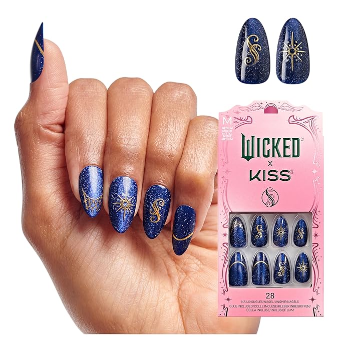 WICKED X KISS Press On Nails Almond, ‘Shiz Chemistry Club’, Blue, Medium, Waterproof, Chip Proof, Smudge Proof, 28 Fake Nails, Pink Gel Nail Glue (2g), Mini Nail File, & Manicure Stick