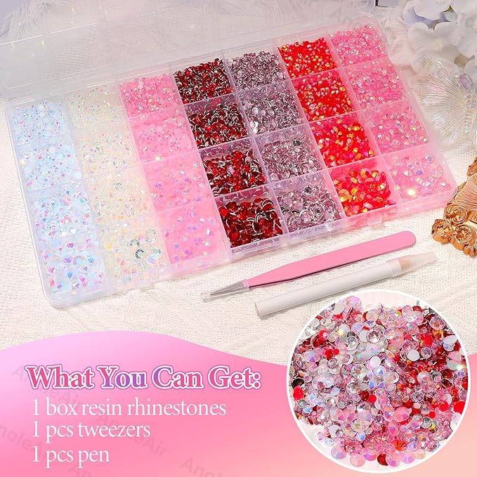 22000Pcs Pink Red Rhinestones for Bedazzling, Jelly Bedazzling Resin Gems 3-5mm, Pink White Gems Bedazzling Kit for Crafting, Flatback Color Red Hot Pink AB Gems for Nails Face Makeup Tumblers