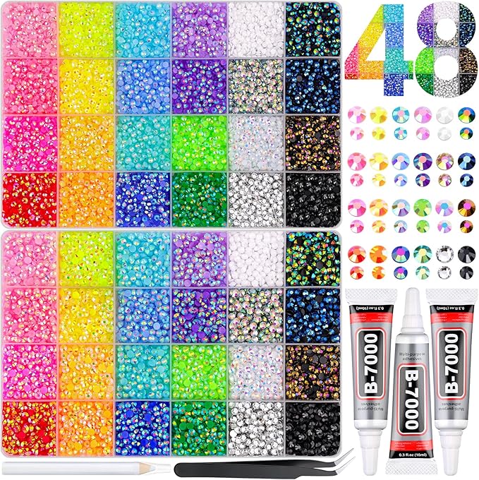 30000Pcs Resin Rhinestones for Bedazzling Kit, 2 Boxes Multicolor 3mm&4mm Bedazzled Crystal, Flatback Gems with 3Pcs 10ml B7000 Jewelry Glue for DIY Crafts Clothing Nail Art Makeup
