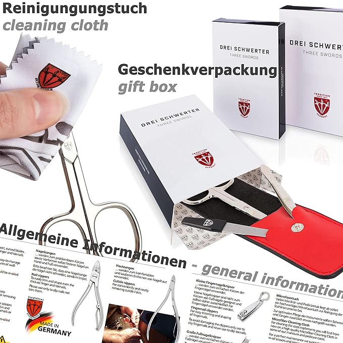 3 Swords Germany - brand quality 12 piece manicure pedicure grooming kit set for professional finger & toe nail care tweezers file clipper fashion leather case in gift box, Made by 3 Swords (33514)