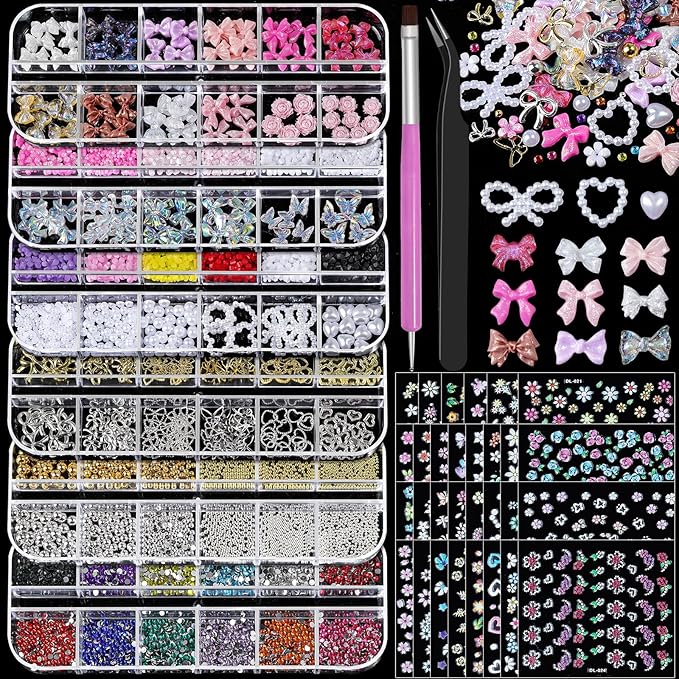 Nail Charms and Gems, Nail Art Kit with 30 Sheets Flower Nail Stickers, 6 Boxes 3D Nail Charms Colorful Clear Flatback Rhinestones Pearls, Diamonds,Picker Tools,Beads Pearls for Nails Art
