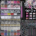Nail Charms and Gems, Nail Art Kit with 30 Sheets Flower Nail Stickers, 6 Boxes 3D Nail Charms Colorful Clear Flatback Rhinestones Pearls, Diamonds,Picker Tools,Beads Pearls for Nails Art