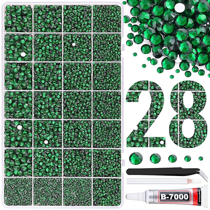 30000Pcs Resin Rhinestones for Bedazzling with Tweezers, Emerald Green Rhinestones for Crafting with B7000 Jewelry Glue for DIY Crafts Clothing Tumblers Shoes Fabric Nail Art