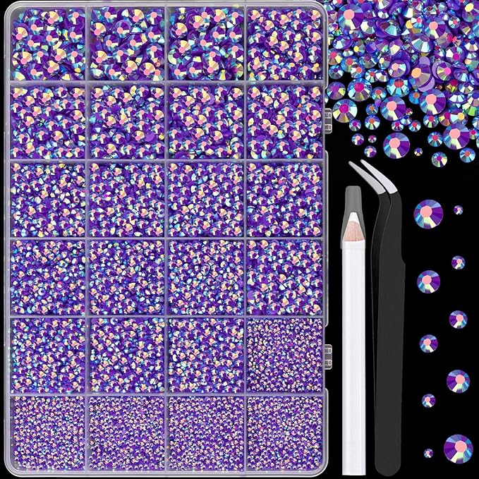 25000Pcs Resin Jelly Rhinestones for Crafting, Dark Purple AB 2-6mm Mixed Sizes Non Hotfix Flatback Gems, Bedazzling Crystal for DIY Crafts Clothing Tumblers Mugs Shoes Fabric Nail Art