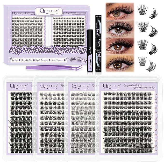 DIY Lash Extension Kit Cluster Lashes Kit with 576Pcs Lash Clusters Lash Bond and Seal Remover Eyelash Applicator Beginner DIY Lashes Kit Easy to Use(4 styles-10-18mm)