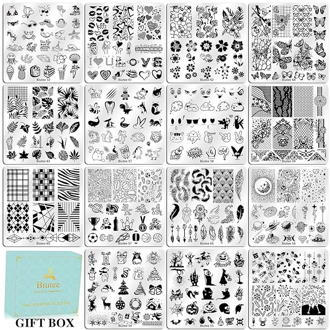 Biutee Nail Stamping Plates Set 15PCS Nail Art Stamper Scraper Nail Art Stamping Kit with Storage Bag Gift Box Nail Stamp Template Kit Lace Flower Butterfly Star Holiday Design