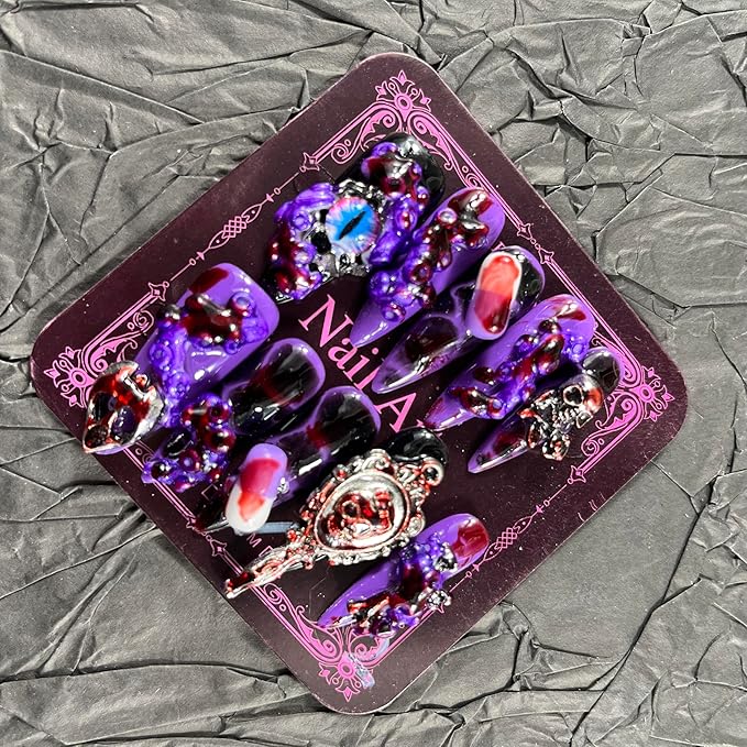Press on Nails Handmade Nails 10Pcs Blood Style Hand Carved Purple Eyes Manual Press on Nails for Women Party Holiday Photo 33mm Long Size S