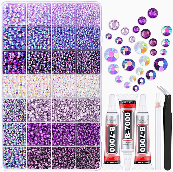 20000Pcs Purple Rhinestones for Bedazzling with B7000 Jewelry Glue, Resin Rhinestones for Crafting Crafts DIY, Bedazzler Kit Gems for Clothing Shoes Tumblers Fabric Nail Art Assorted Size 3/4/5/6mm