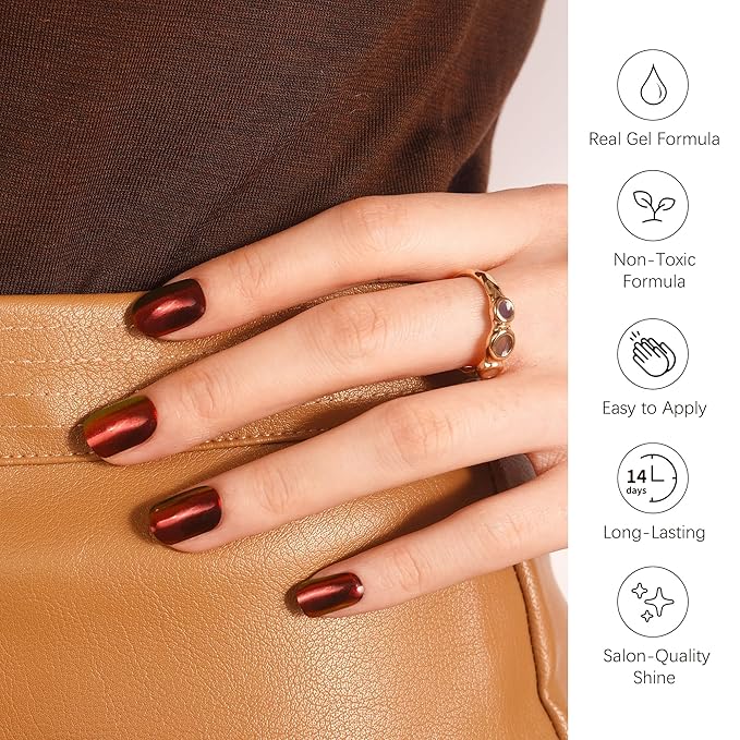 DANNI & TONI Semi Cured Gel Nail Strips Reddish-Brown Metallic Chrome Chameleon Gel Nail Wraps 28 Stickers |Rustic Charm