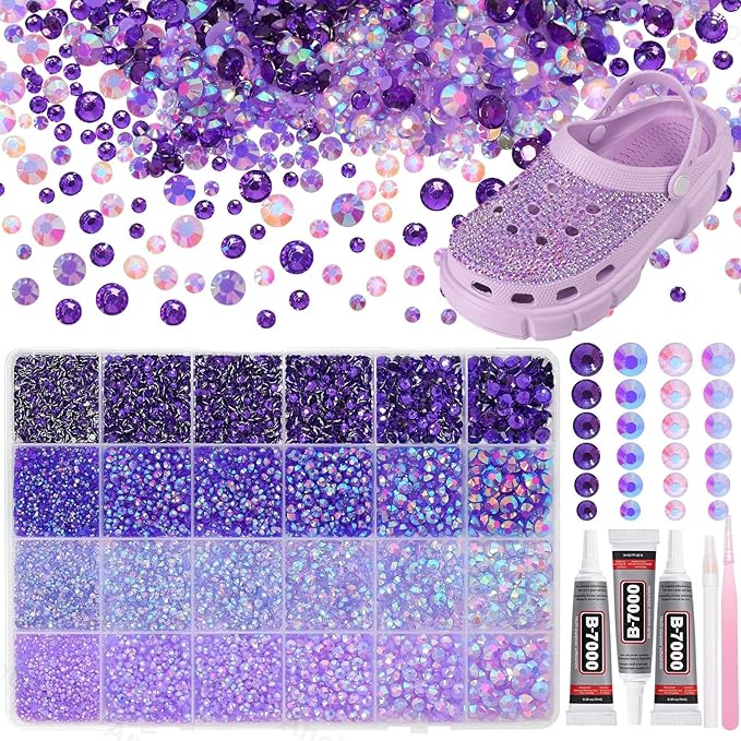 26000PCS Purple Resin Flatback Rhinestones for Crafting, Resin Rhinestones for Bedazzling Kit, 2/3/4/5/6mm Flatback Gems Jewels for DIY Mugs Tumblers Clothing Shoes Nail Art