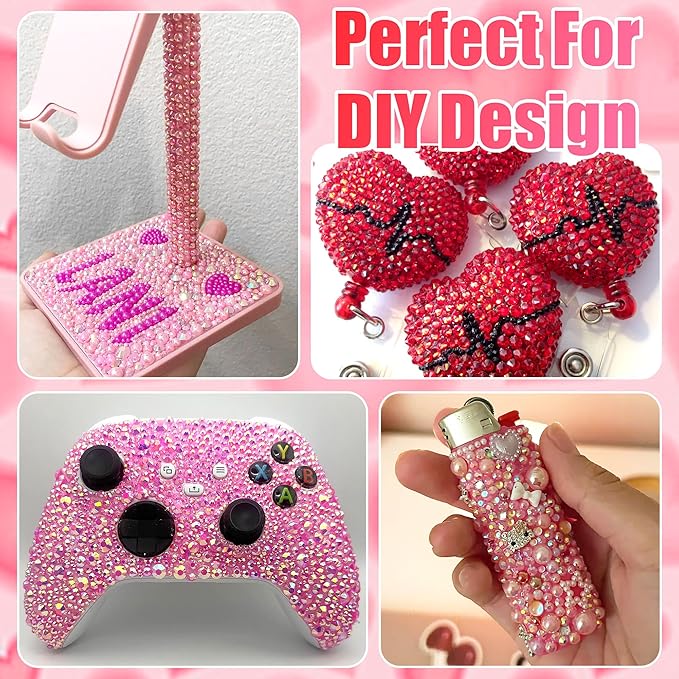 RODAKY Pink Red Rhinestone Gems Resin Jelly Rhinestones for Bedazzling Flatback Pearls Beads Stone for Valentine's Day Crafts 2Pcs 10ml B7000 Jewelry Glues Tweezers Dotting Pen