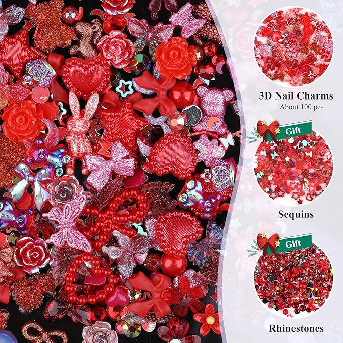 100 Pieces 3D Resin Butterfly Bear Nail Charms Rose Flower Peach Skirt Bow Deer Snake Rabbit Animal Shaped Nail Art Rhinestones Pearls for DIY Nail Art Decoration Making Craft (Red)