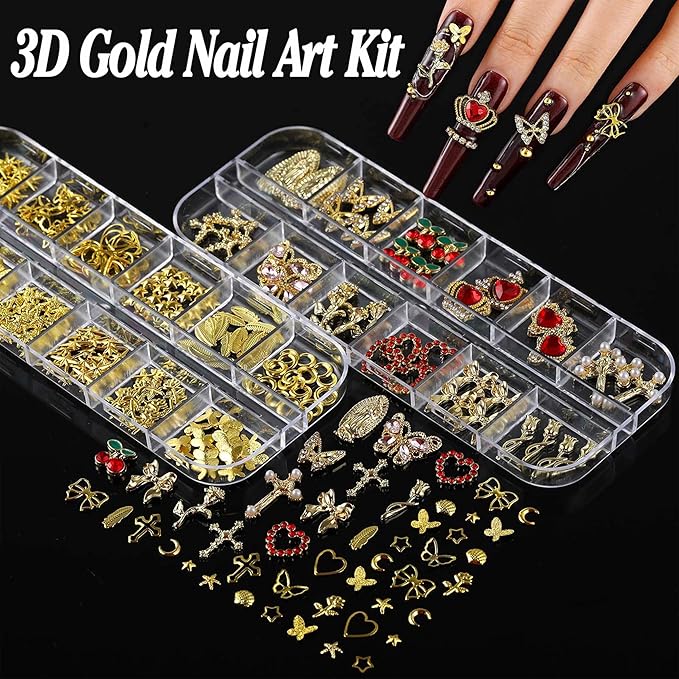 BANA Nail Charms for Rhinestones Kit with 13 Boxes of Nail Gems, 18000Pcs 3D Gold and Silver Nail Charms with Cross, Crown, Pearls for DIY Nail Designs