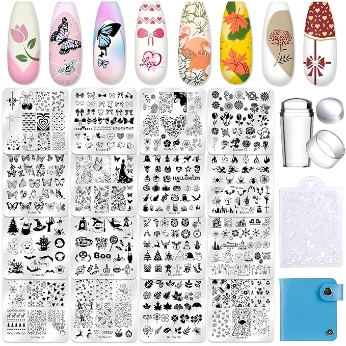 Biutee Nail Stamping Plate 20Pcs Nail Stamper Kit 16Pcs Nail Art Stamping Plates with Silicone Stamper, Scraper & Storage Bag, Stamp Plates Star Plaid Love Leaf Template Holiday Design Gift