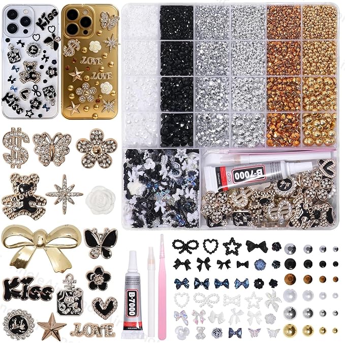 Magic Black Junk Case Charms Kit, Mixed Gold Silver Black Flatback Resin Pearls Rhinestones Bedazzling Kit, Punk Big Junk Phone Cases Charm, Heart Star Bow Flower Charms for Phone Case DIY Crafts