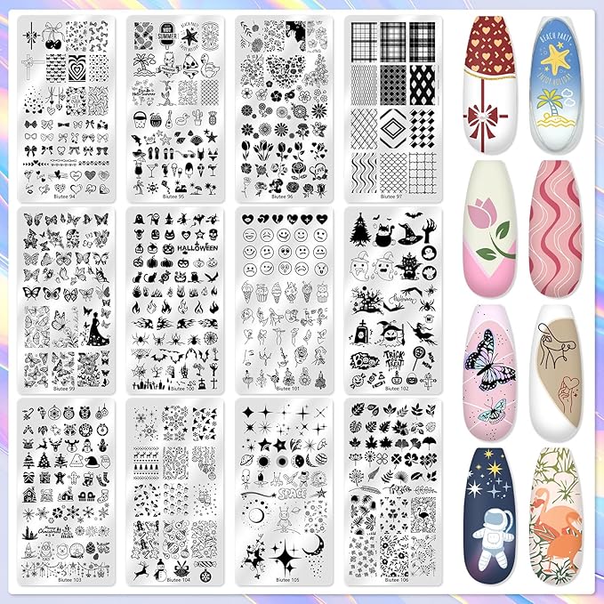 Biutee Nail Stamper Kit 12Pcs Nail Art Stamping Plate 8 Colors Stamp Polish Gel with Top Coat and Base Coat Set Silicone Stamper Scraper, Nail Stamp Plates Love Flower Butterfly Leaf Holiday Design